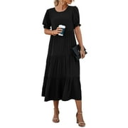 MLANM Women's Summer Casual Boho Dress Floral Print Ruffle Puff Sleeve High Waist Midi Beach Dresses, M Black